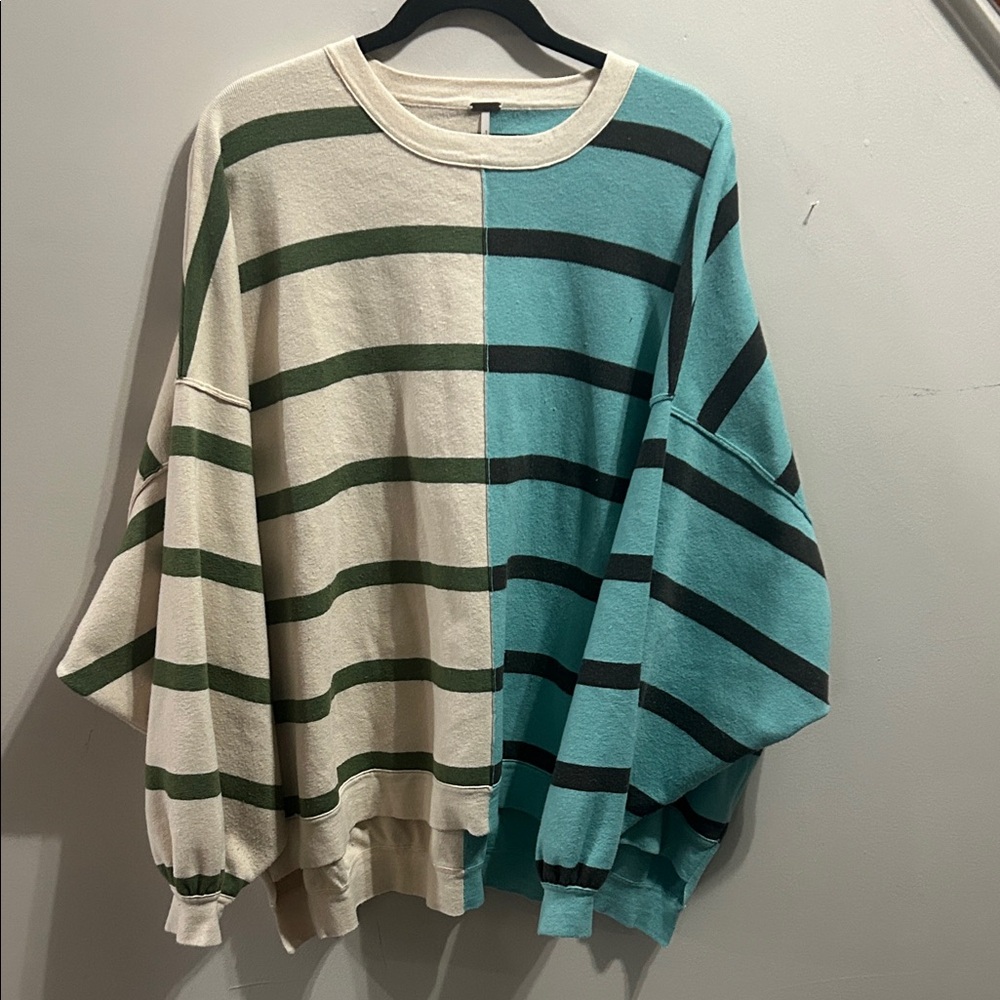 Free People Striped Crewneck Uptown Sweater - Cream and Teal